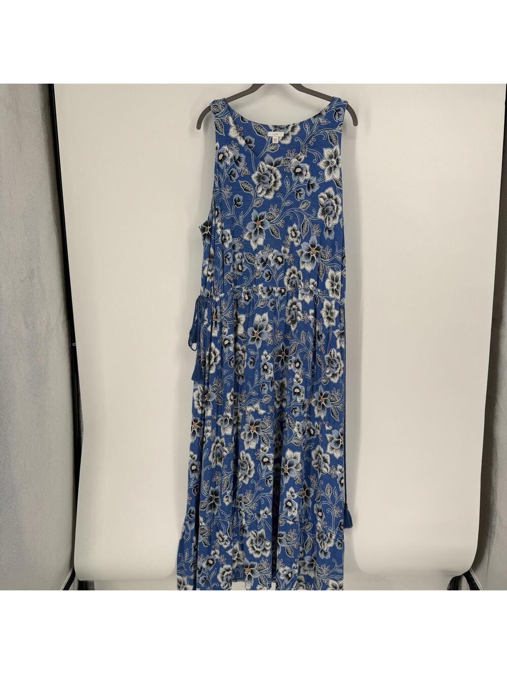 J.jill dress XLP blue floral tassle maxi sleeveless relaxed beachy summer work